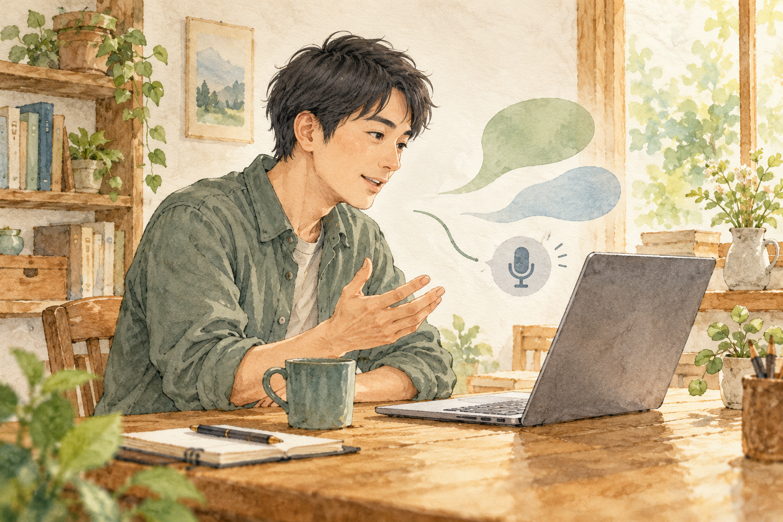ノートパソコンに話しかけながら画面を見る男性を描いた水彩風イラスト