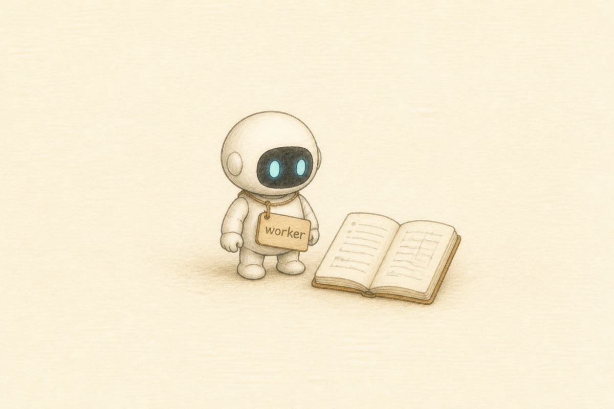 workerという名札を付けて観測する白いAIワーカーとノートのイラスト