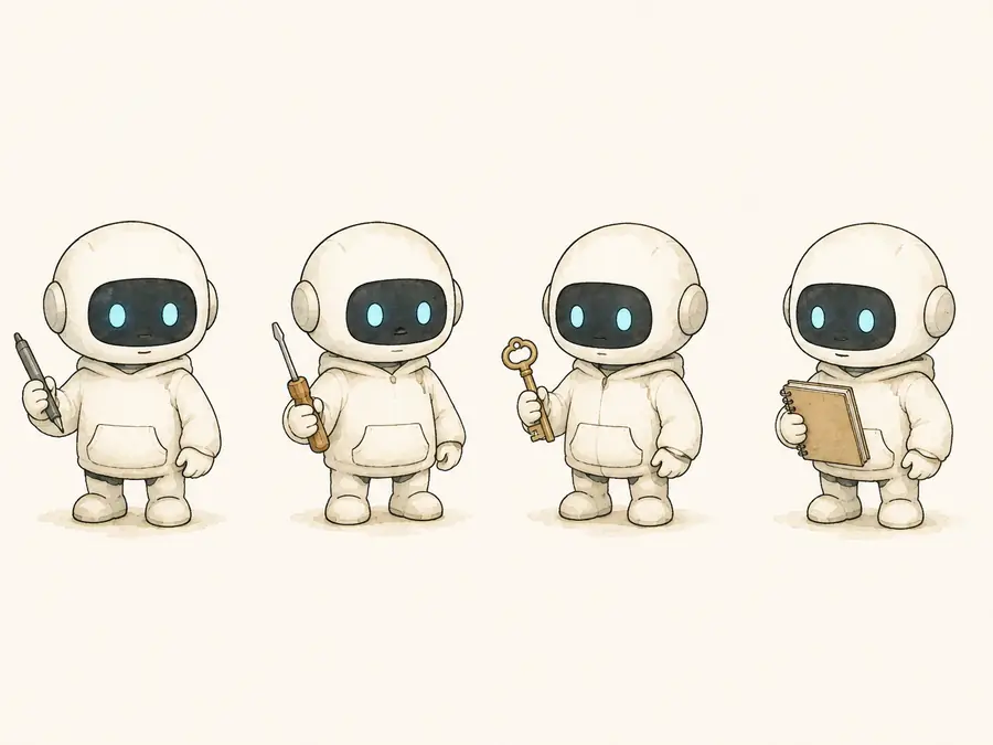 道具を一つずつ持って並んでいる、小さなロボット4体のイラスト