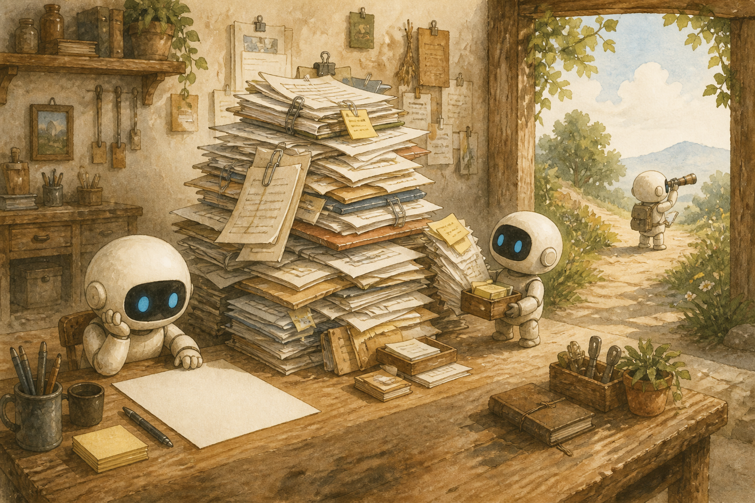 紙の山で止まっているWriterロボットと、外へ探索に向かうリサーチャーロボットを描いた淡い水彩イラスト