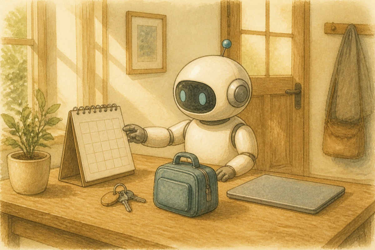 AIを開く前にカレンダーと鍵を先に確認する白い小型ロボットの水彩イラスト
