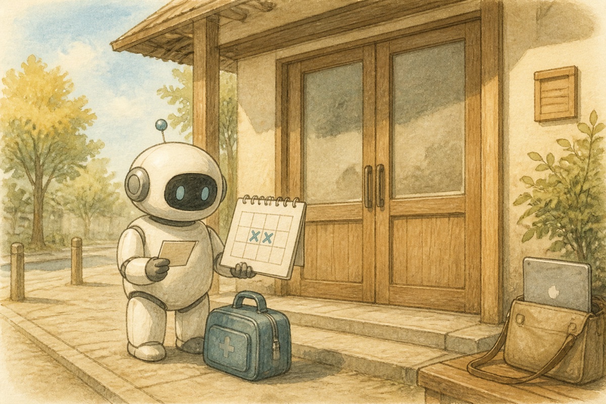 閉まった病院の前で予定を見直す白い小型ロボットの水彩イラスト