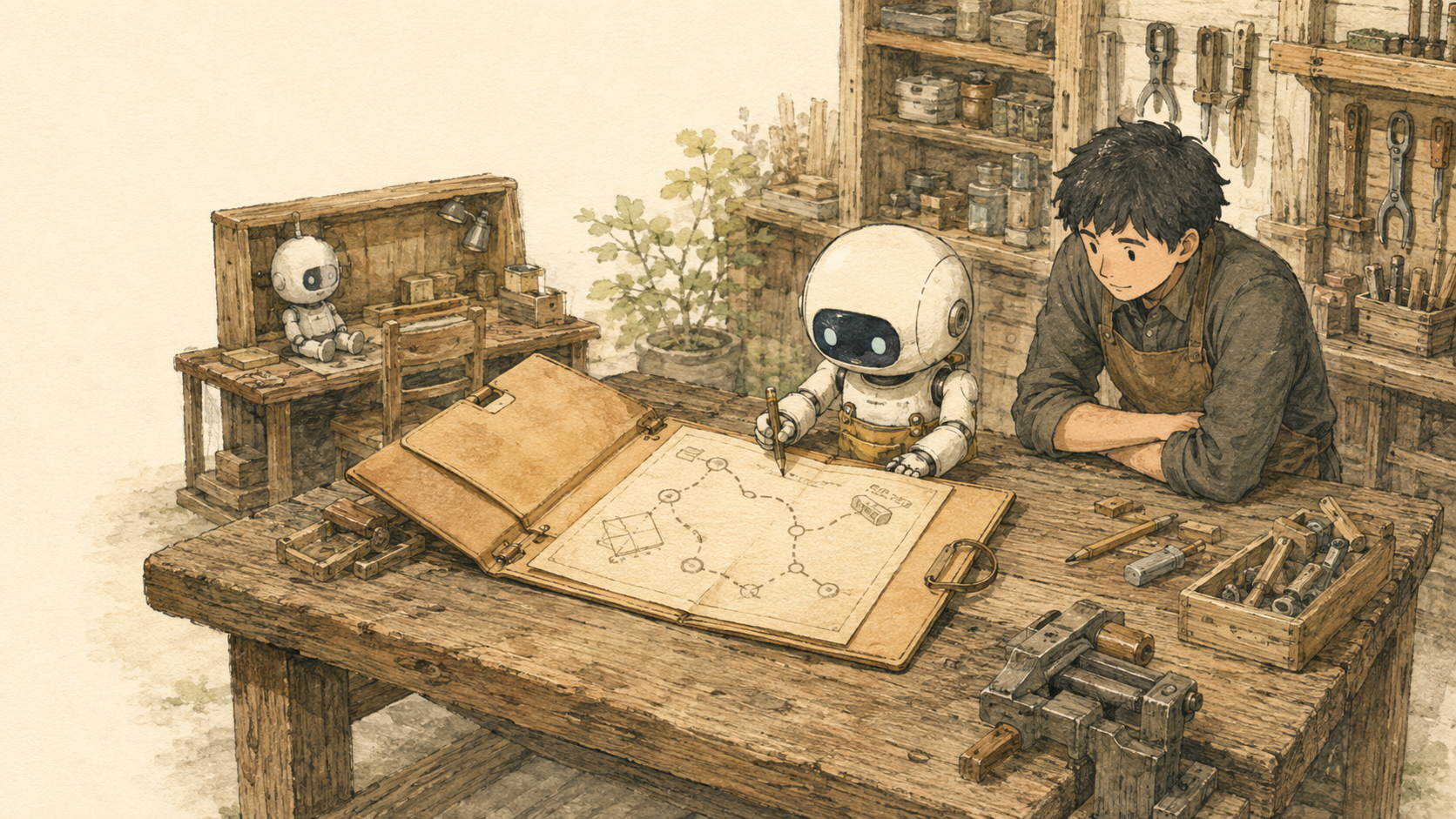 担当AIがいなくなった作業机で、別のAIが復旧地図を読んで仕事を再開するイラスト