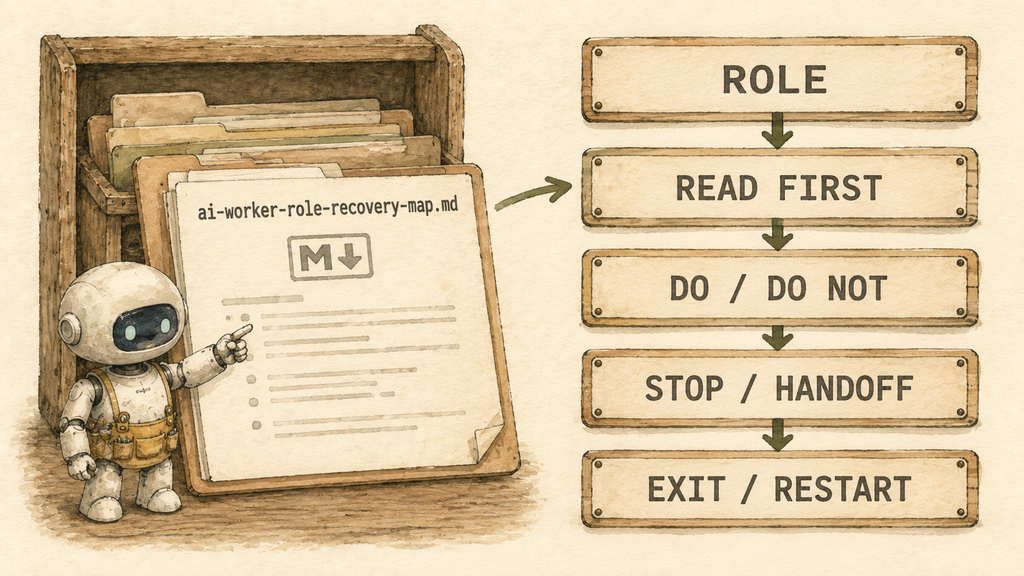 AIワーカー役割復旧地図のMarkdownファイルを起点に、ROLEからEXIT・RESTARTまでの読み順を示した図